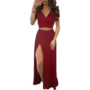 Women Medium 2 Piece Outfits Sexy V Neck Crop Top High Split Maxi Dress Set